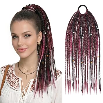 SEIKEA Boho Braided Ponytail Extension on Hair Tie, 16" Full Volume Lightweight Viking Dreadlock Ponytail Braid in Dreadlock Extensions with Beads and Shells, Festival Hair Accessories for Women Girls