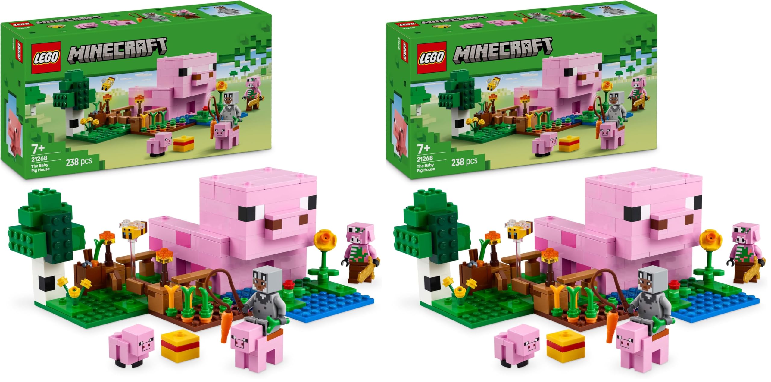 LEGO Minecraft La Casa-Cerdo Bebé, Granja con Animales de Juguete - Figuras de Héroe, Criaturas y Bioma de Granja y Bosque - Regalo Gamer para Niños y Niñas de 7+ Años 21268 (Paquete de 2)
