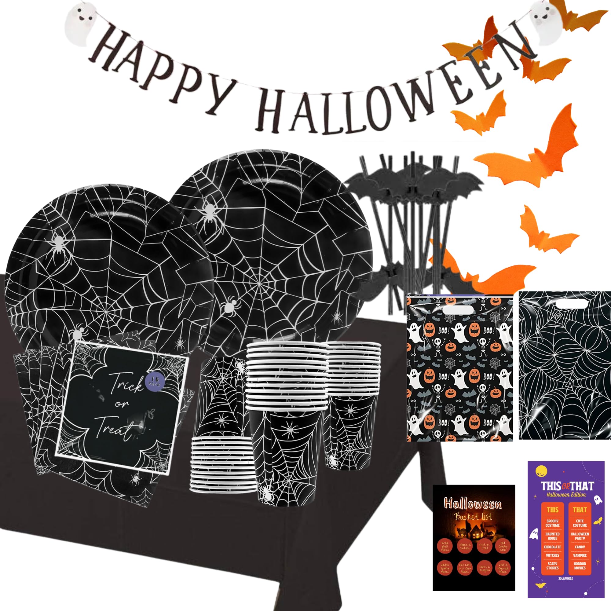 JOLAFUNBSBlack Theme Spider Web Halloween Party Tableware Set – 75 Pcs Set Of Halloween Paper Plates, Halloween Cups, Halloween Napkins, Halloween Paper Straw, Halloween Tablecloth & Game Cards.