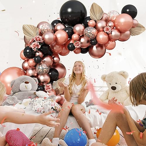 Miniatura 5 de Kit de arco de globos de oro rosa y negro, 102 piezas de color negro mate y perla metálica de confeti de oro rosa, kit de guirnalda de globos de