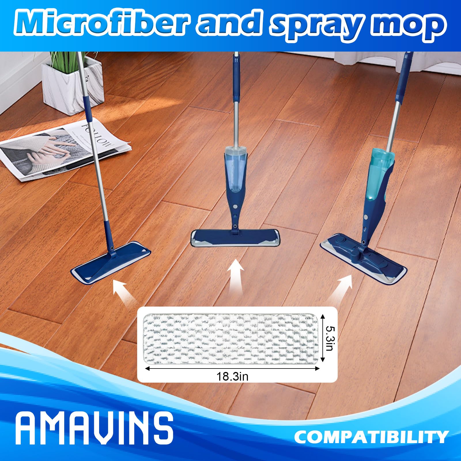 Paquete de 3 almohadillas de limpieza de microfibra para mopa Bona para mopa blanca y gris de 18 pulgadas, almohadillas de microfibra reutilizables para fregona de 18 pulgadas, almohadillas de