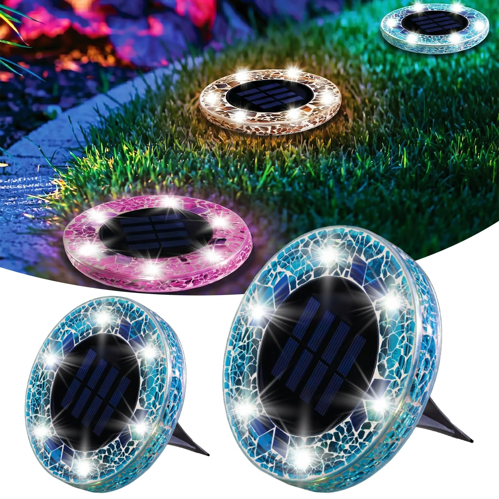 Mosaic Solar Disk Light, 4 Pack Mosaic Solar Lights Outdoor, Flat Solar Lights Waterproof, Anti-Rust Garden Lighting Decor for Pathway Garden Yard Lawn Walkway Landscape Driveway (2 Pack Blue)