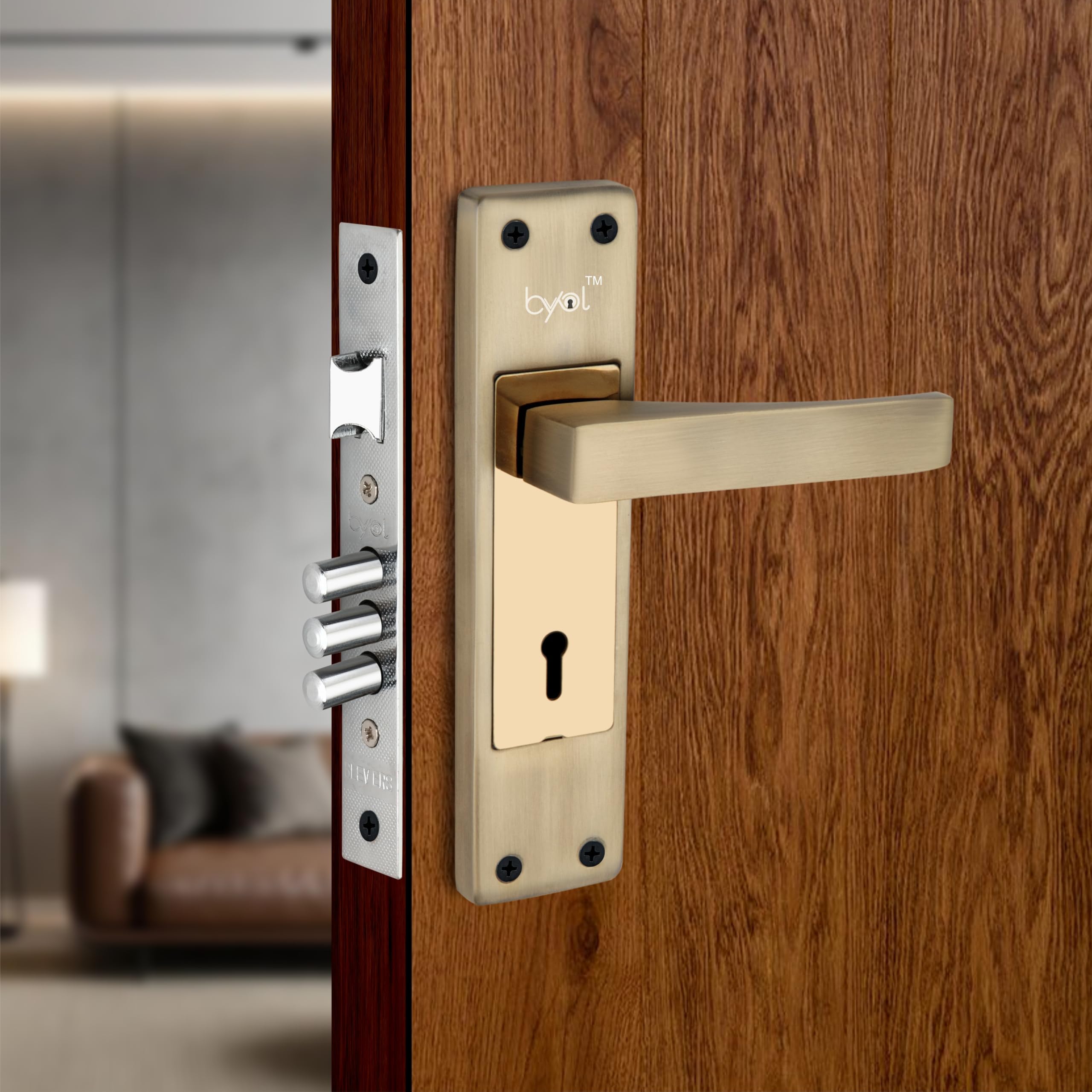 BYOL Iron Matte (Gold) Mortise Door Lock with Handle Set | Durable Door Handle | Modern Matte Gold Finish | Easy Installation | Home & Office