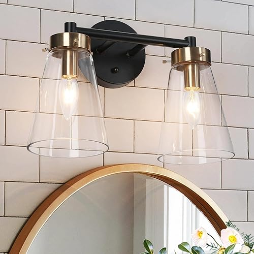 Miniatura 1 de Lámpara de baño de 2 luces, luz negra y dorada, moderna lámpara de pared de baño con pantalla de vidrio transparente, lámpara de pared de baño para