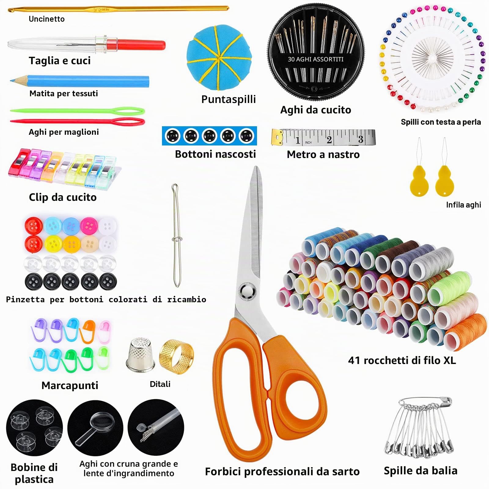 MARQUEEN Grande kit da cucito professionale, 200 accessori da cucito di alta qualità, con forbici da sarta, 41 bobine di filato XL e 30 aghi, adatto per viaggiatori, adulti, bambini