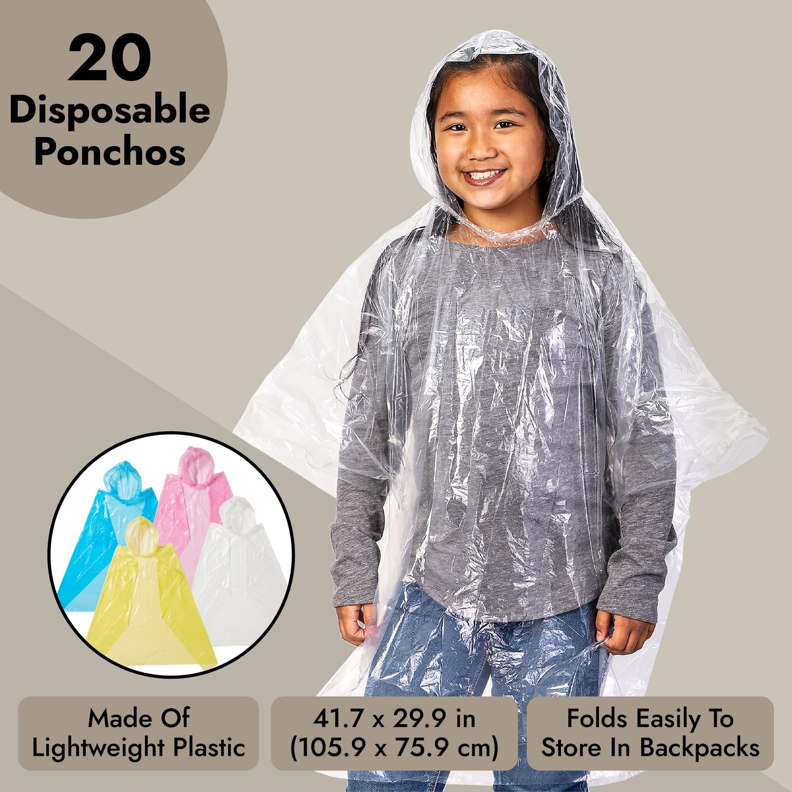 Lot de 20 ponchos de pluie jetables pour enfant - 4 couleurs - 106,7 x 152,9 cm