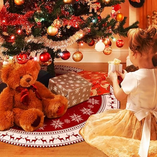 Miniatura 2 de Falda de árbol de Navidad de 48 pulgadas, falda de árbol de Navidad grande con copos de nieve, renos, color rojo, decoraciones rústicas de Navidad