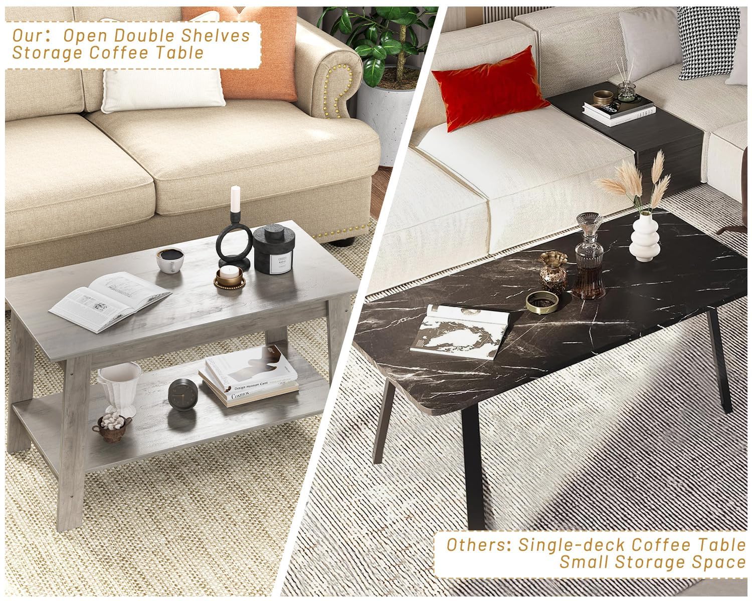 Mesa de Centro de Madera Gris con Estante Inferior, para salón y Dormitorio, Diseño rústico 80×39×48 cm