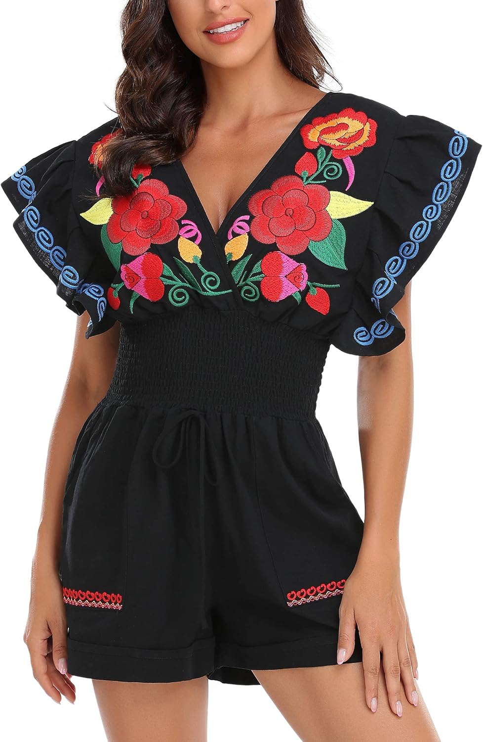 YZXDORWJ Women's Mexican Short Romper Typical Embroidered Floral V Neck Butterfly Sleeve Jumpsuit - Image 6