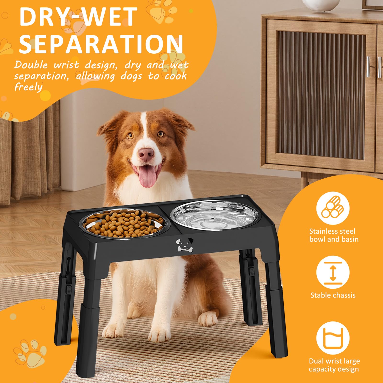 Comedero Perro Elevado de 5 Alturas Ajustables, con 2 Cuencos de Acero Inoxidable de 1,5L, Antideslizante y Plegable, Comederos Elevados para Perros Pequeños, Medianos y Grandes (Negro)