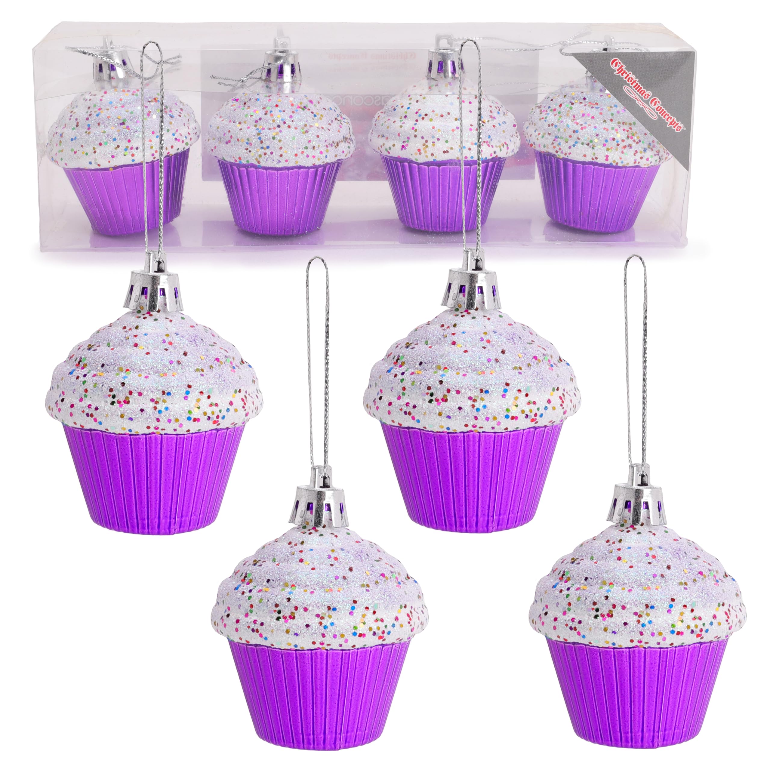 Christmas Concepts Purple Christmas Concepts® Pack Of 4-60Mm (2.3") Glittery Festive Cupcake Baubles - Christmas Tree Decorations