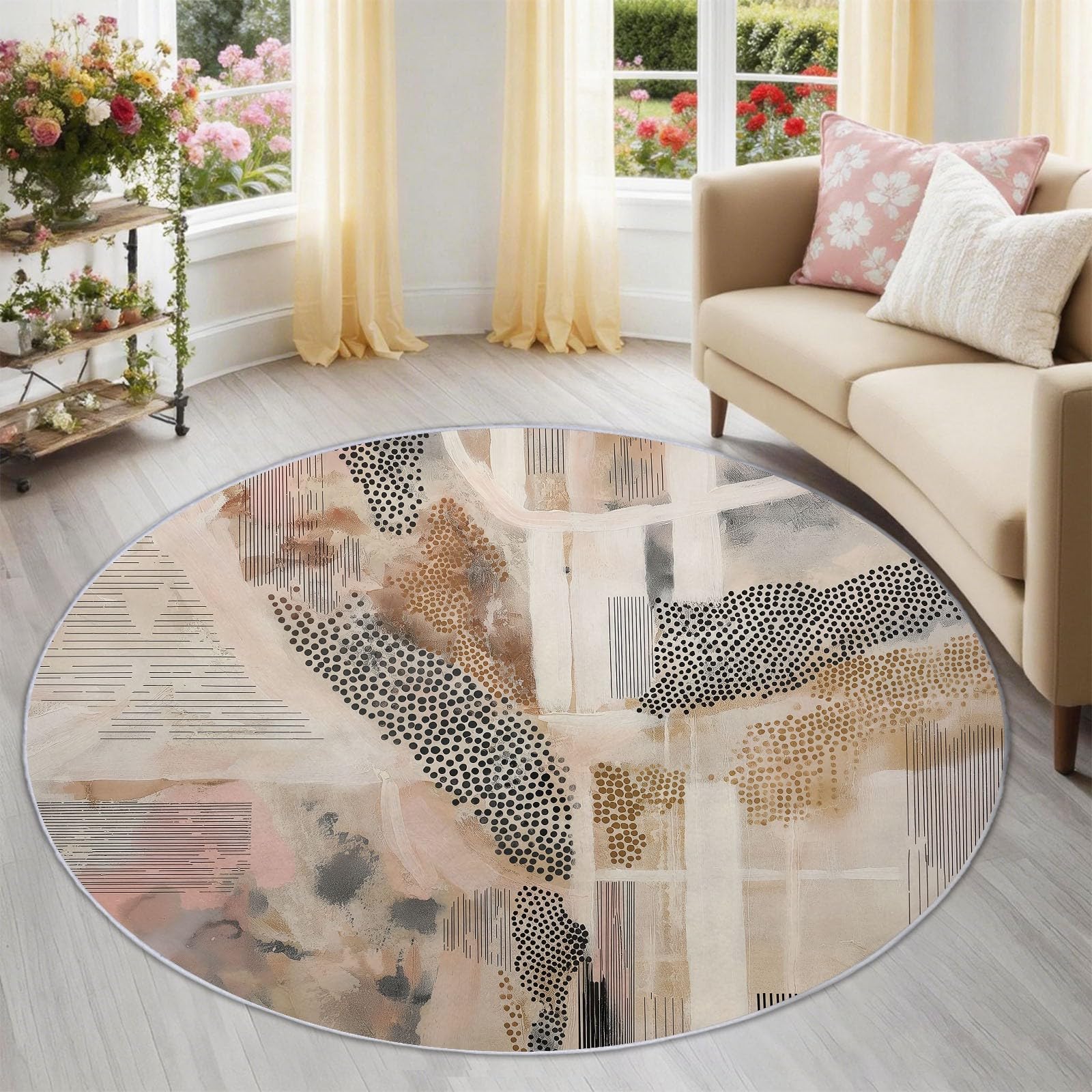 Tappeto rotondo antiscivolo da 120 cm, con linee astratte a pois, tappeto rotondo per sotto il tavolo, multicolore, morbido, a pelo basso, moderno, minimalista, per soggiorno, camera da letto, sala da