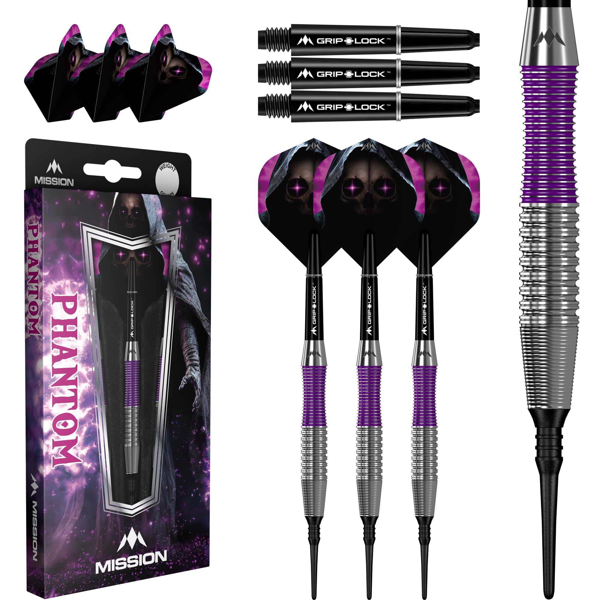 Mission Darts | Phantom Darts | Silver & Purple | Brass Barrel | Soft Tip Darts Set | 18g.
