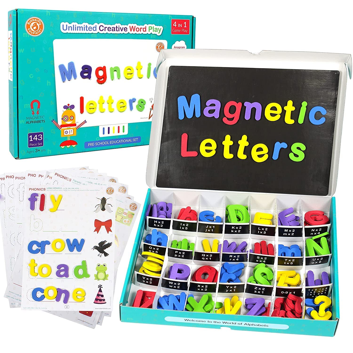 Prisma Collections 4in1 Fun Alphabets - 143 Magnetic Letters Numbers for Kids with Board, Foam-Made & Phonics Spelling Guide, ABCD Learning Educational Toys for 3 4 5 Years Boys Girls