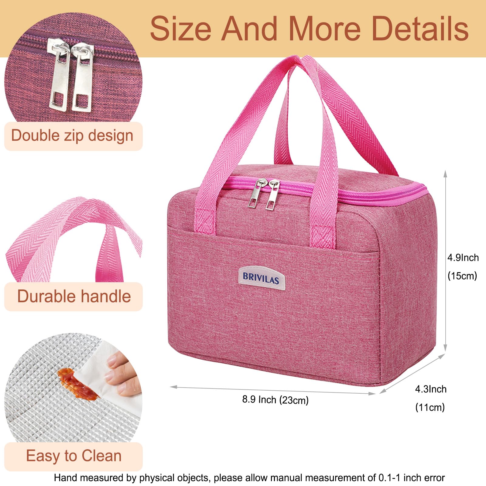Binoster Insulated Lunch Bag Tote Bag for Women Wide Open Insulated Cooler Bag Water-Resistant Thermal Leak-Proof Lunch Organizer for Men Girls Outdoor Picnic Work (Rose Red Square) - Image 3