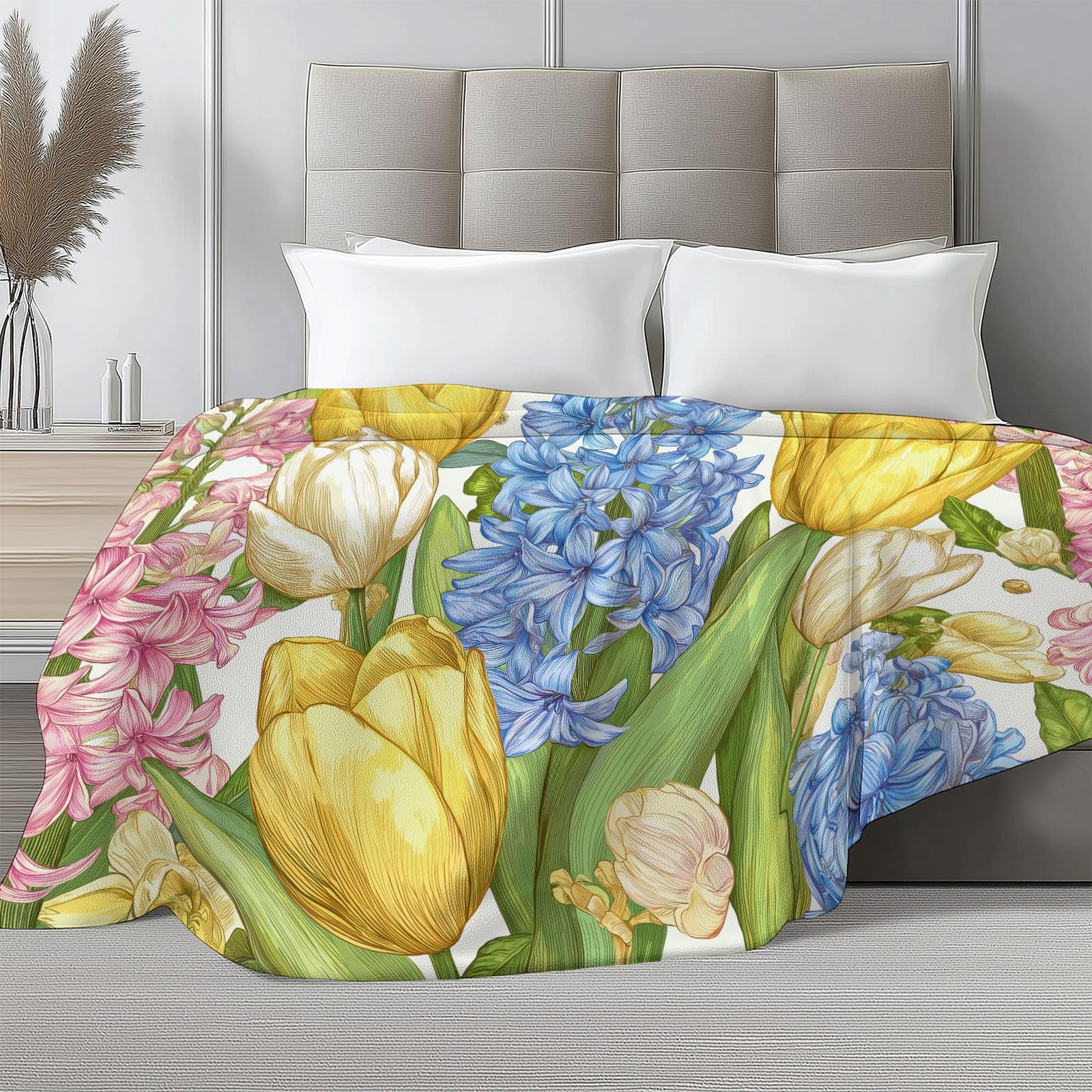 Genérico Amarillo Manta de Franela Polar, 220 x 240 cm Manta Cálida de Invierno, Suave, Esponjosa y Cálida con Estampado Retro Flores Hojas Vitalidad - Manta para Cama Colcha y Sofá