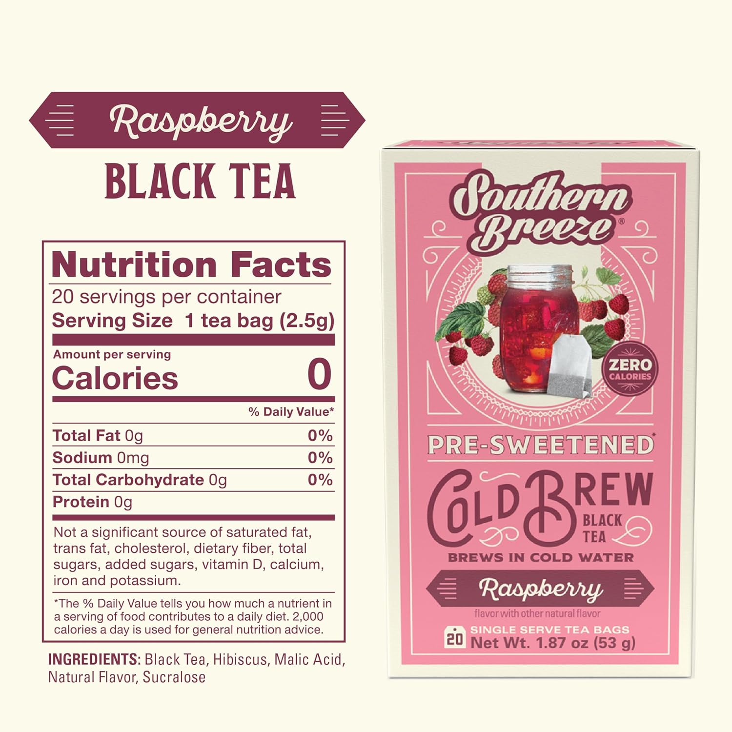 Southern Breeze Cold Brew Sweet Tea Raspberry Iced Tea with Black Tea and Zero Carbs Zero Sugar, 20 Individually Wrapped Tea Bags, Pack of 4