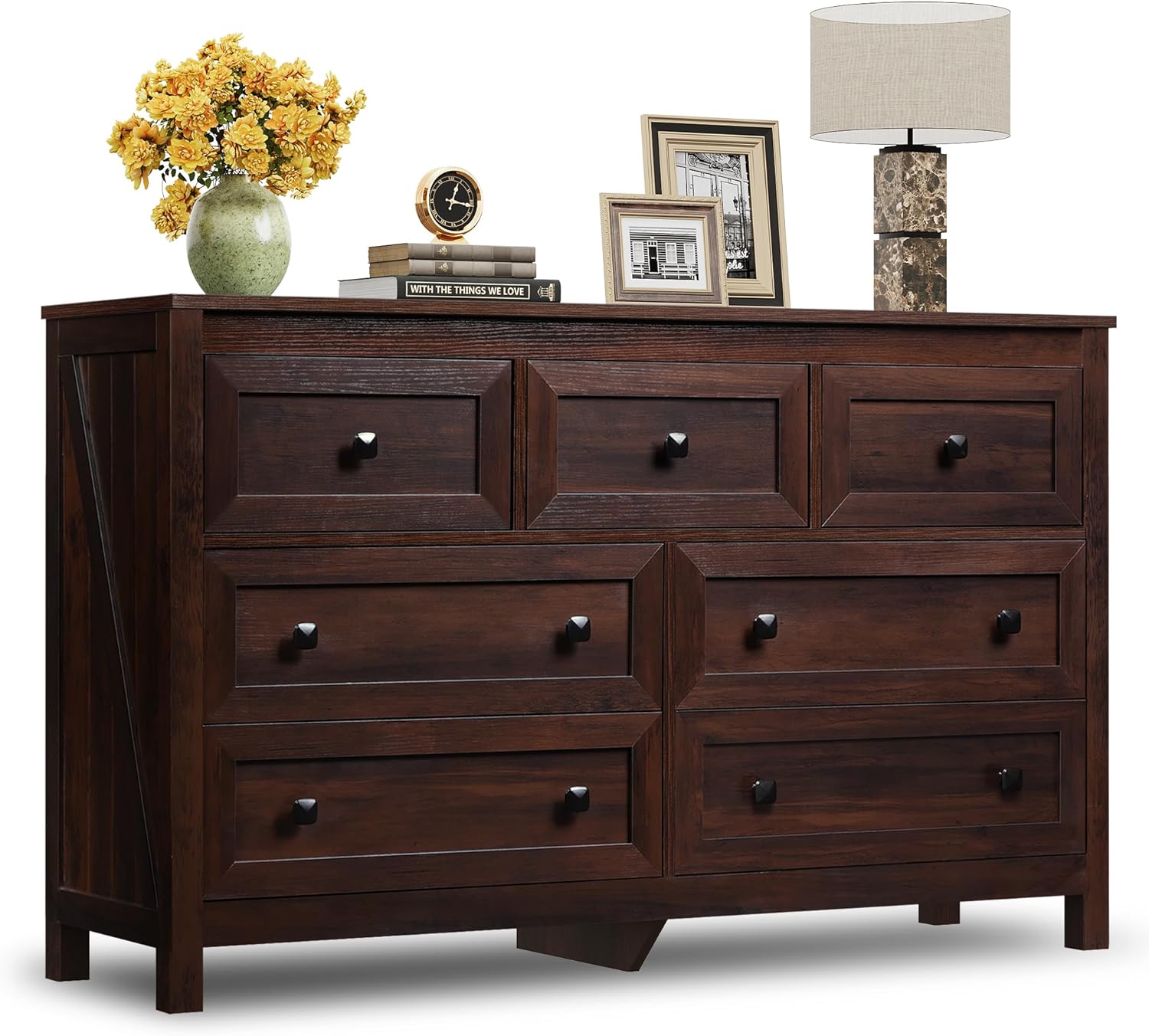 WLIVE Farmhouse 7-Drawer Dresser, 51" Wide Wooden TV Stand for 65" TV, Rustic Brown Bedroom Chest Organizer