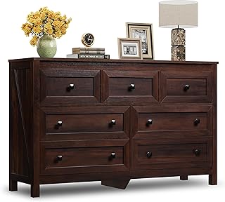 WLIVE Farmhouse Dresser for Bedroom, 51.18'' Wide 7 Drawer Wood Dresser, TV Stand for 65 inch TV, Wooden Chest of Drawers for Bedroom, Modern Clothes Organizer for Living Room, Hallway, Rustic Brown