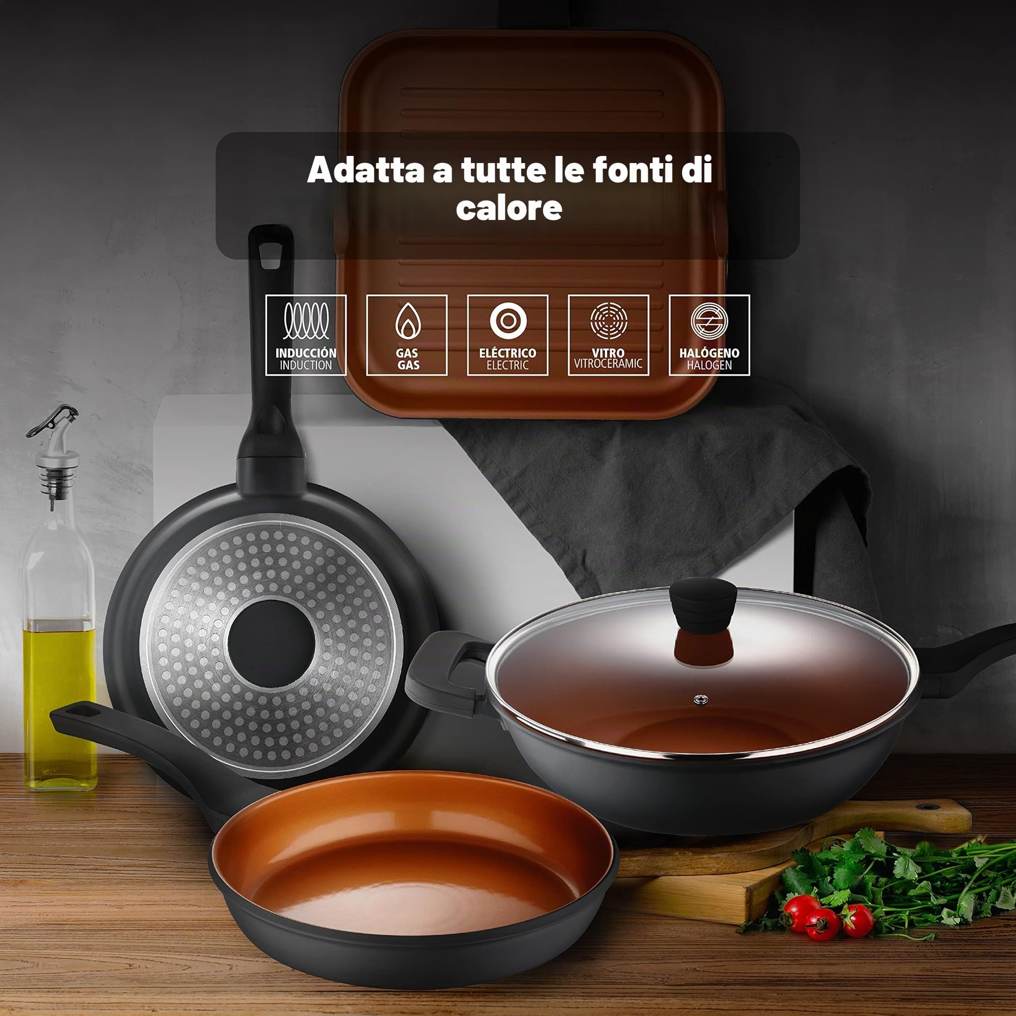 SAN IGNACIO Bronze | Set di Padelle | Set di 3 Pezzi da 20, 24 e 28 cm di Diametro e 3 Protettori Padelle | Alluminio Pressofuso | Padelle Antiaderenti | Per Tutti i Piani Cottura