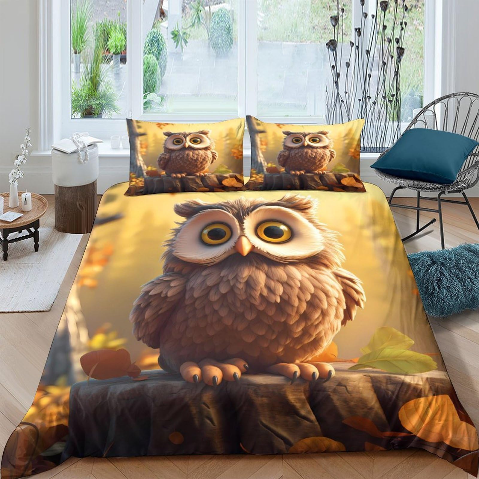 P5V6M1Q9 3D Printed Cute Owl Duvet Cover Microfiber Soft Breathable Autumn Forest Bedding Set with 2 Pillowcases for Bedroom Decor, Single（135x200cm）