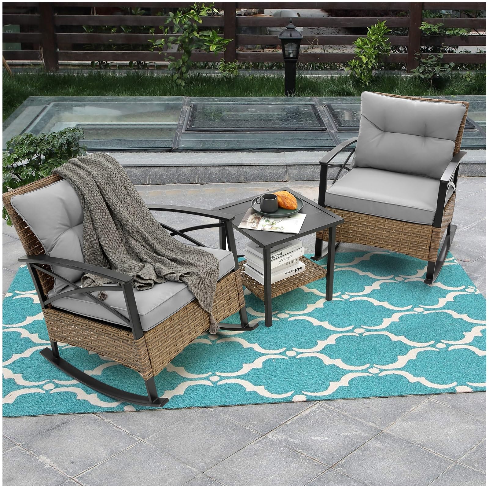 STAEBTK Outdoor Rocking Chairs Set, 3pcs Rocking Rattan Set Leisure Chair Patio Outdoor Furniture Conversation Sets with Porch Chairs and Glass Coffee Table Grey