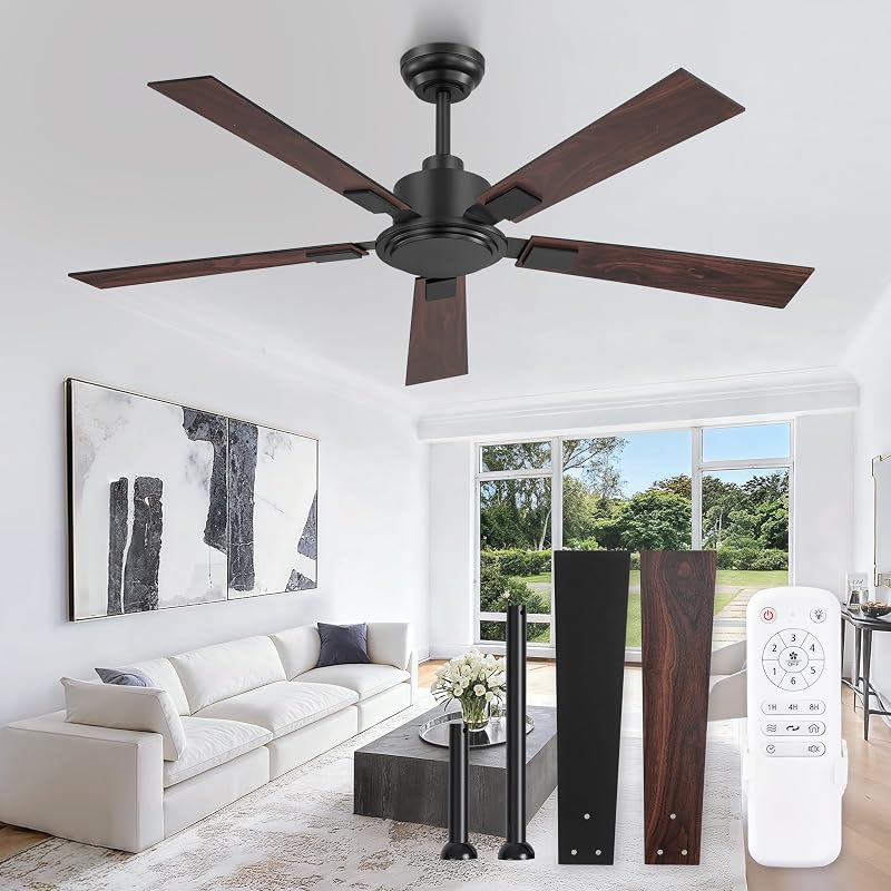 52 Inch Ceiling Fan No Light with Remote, 6-Speeds | Quiet Reversible DC Motor, Black Ceiling Fan Without Light, Indoor/Outdoor Ceiling Fans for Patios, Living Room, Garage