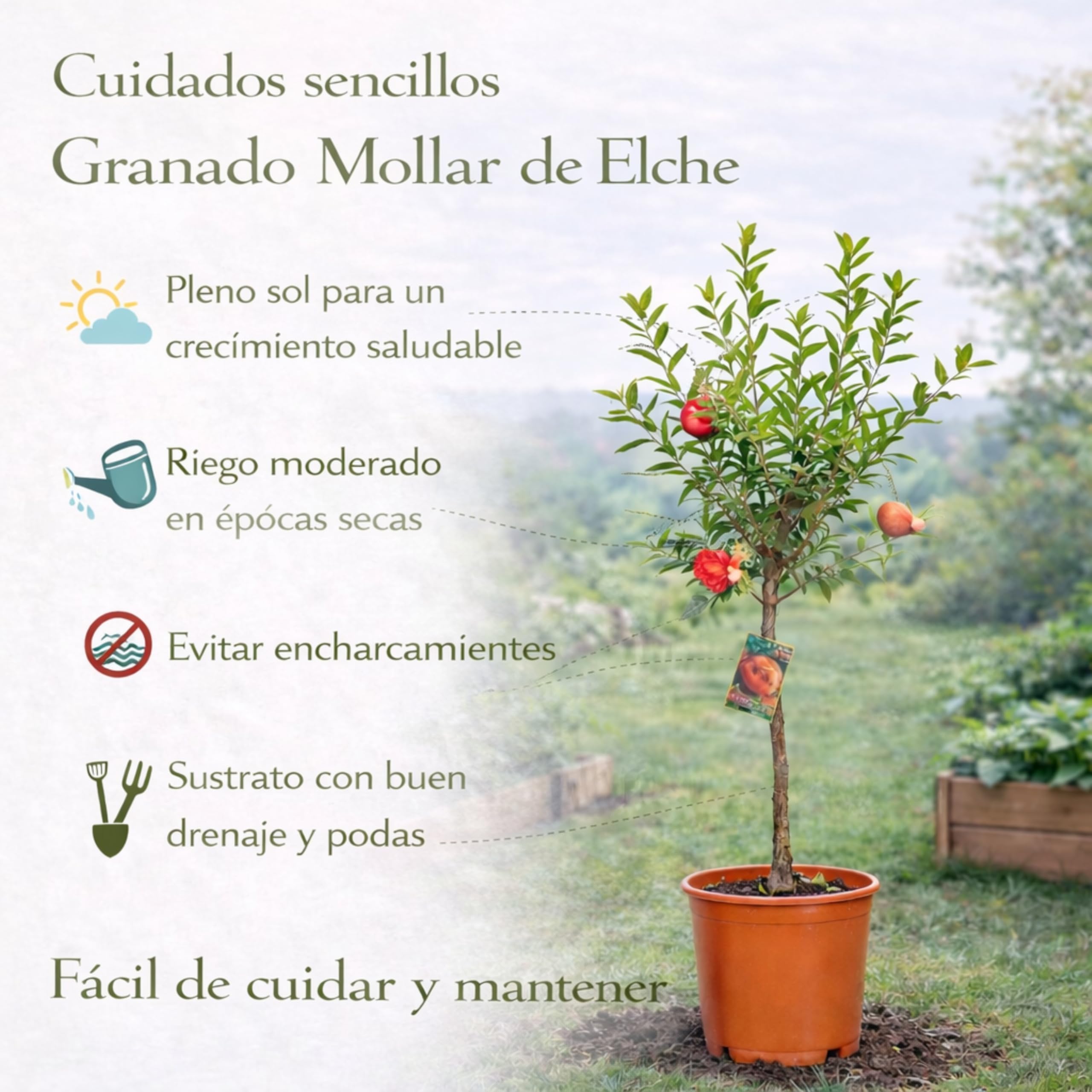 Granado Mollar de Elche en Maceta, 140 cm de alto, Árbol Frutal Exterior con Granadas Dulces, Planta Natural para Jardín Terraza Huerto, Arbol Ornamental Fácil Cultivo. Granado