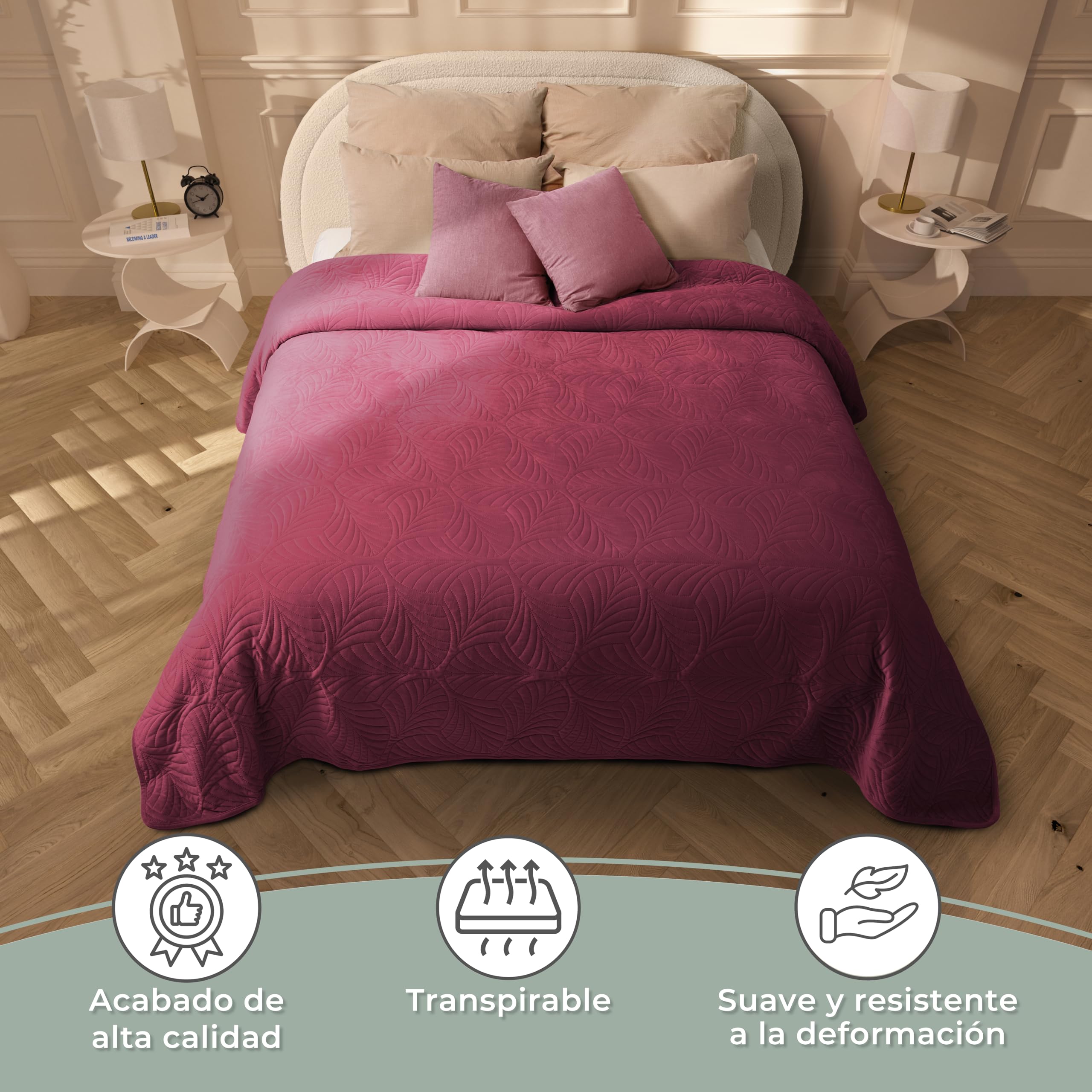 Gräfenstayn Colcha bouti 170x210 cm – cubrecama Acolchado sin Costuras con diseño de Hojas – Manta Decorativa Moderna para Cama o sofá – antirrugas y fácil de cuidar (Burdeos)
