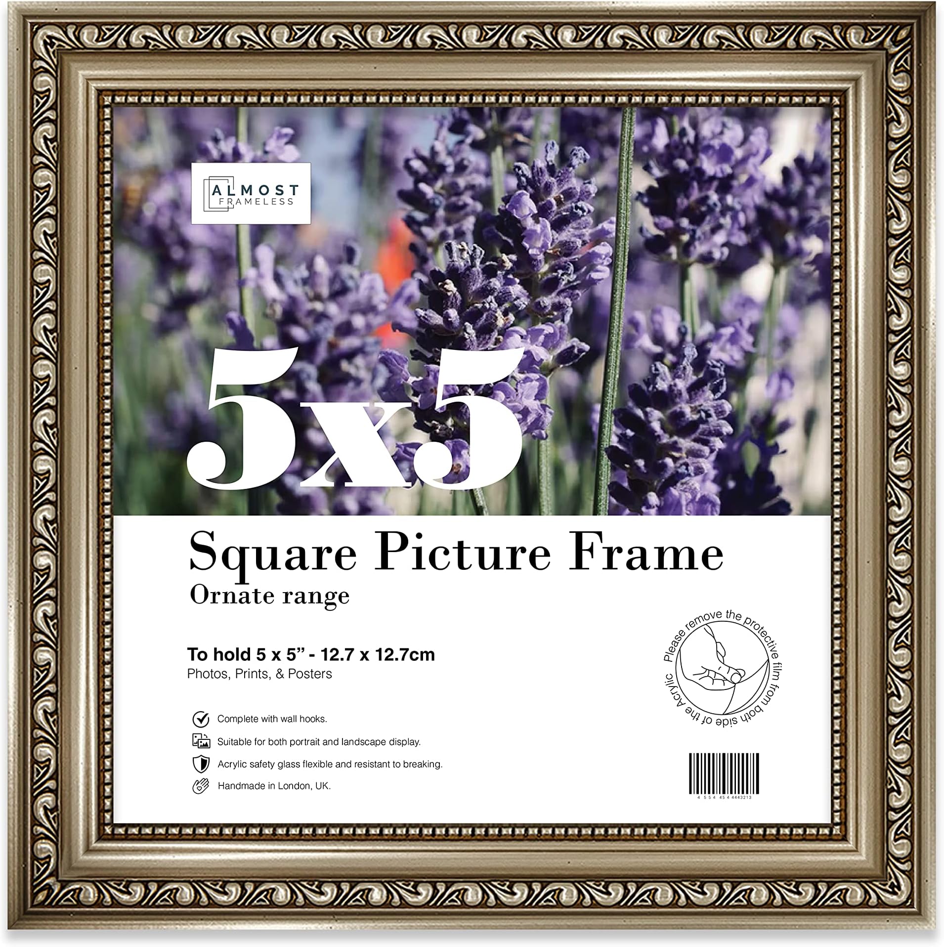 5x5 Gunmetal Ornate Picture Frame 5"x5" (12.7x12.7cm) Poster, Photo, Artwork, or Print. Elegant Style Portrait and Landscape Display with Wall Hooks