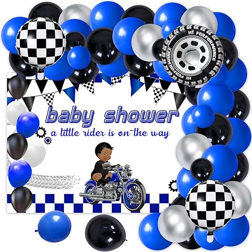 THREE REX 77 piezas de decoración de baby shower con temática de motocicleta azul y negro para niños con patrón de motocross y kit de arco de globos