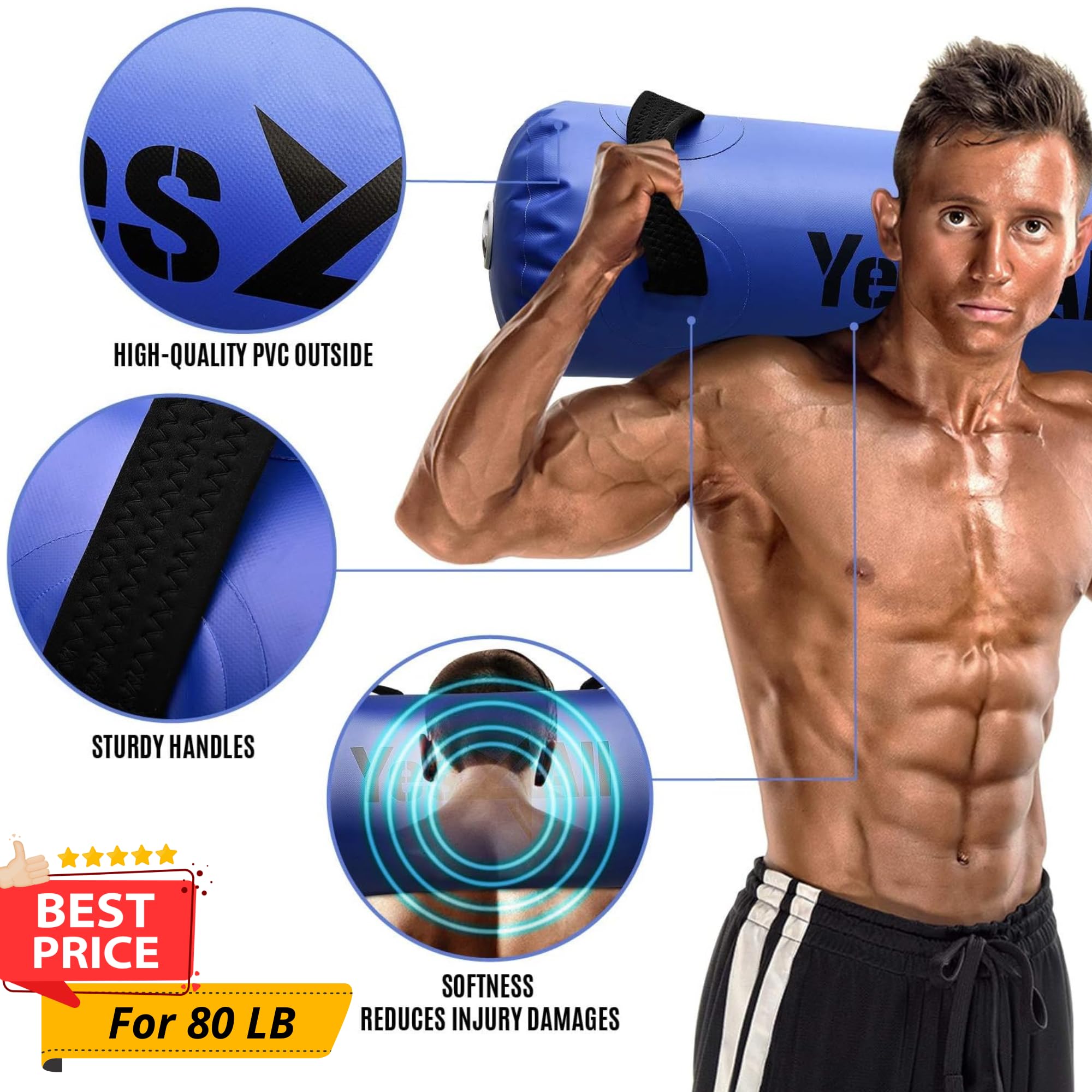 Yes4All Grand Sac Aquatique pour entraînement 20,4-36,3 kg Fitness Stabilité Portable Agilité Durable Intérieur Extérieur Transparent Bleu foncé