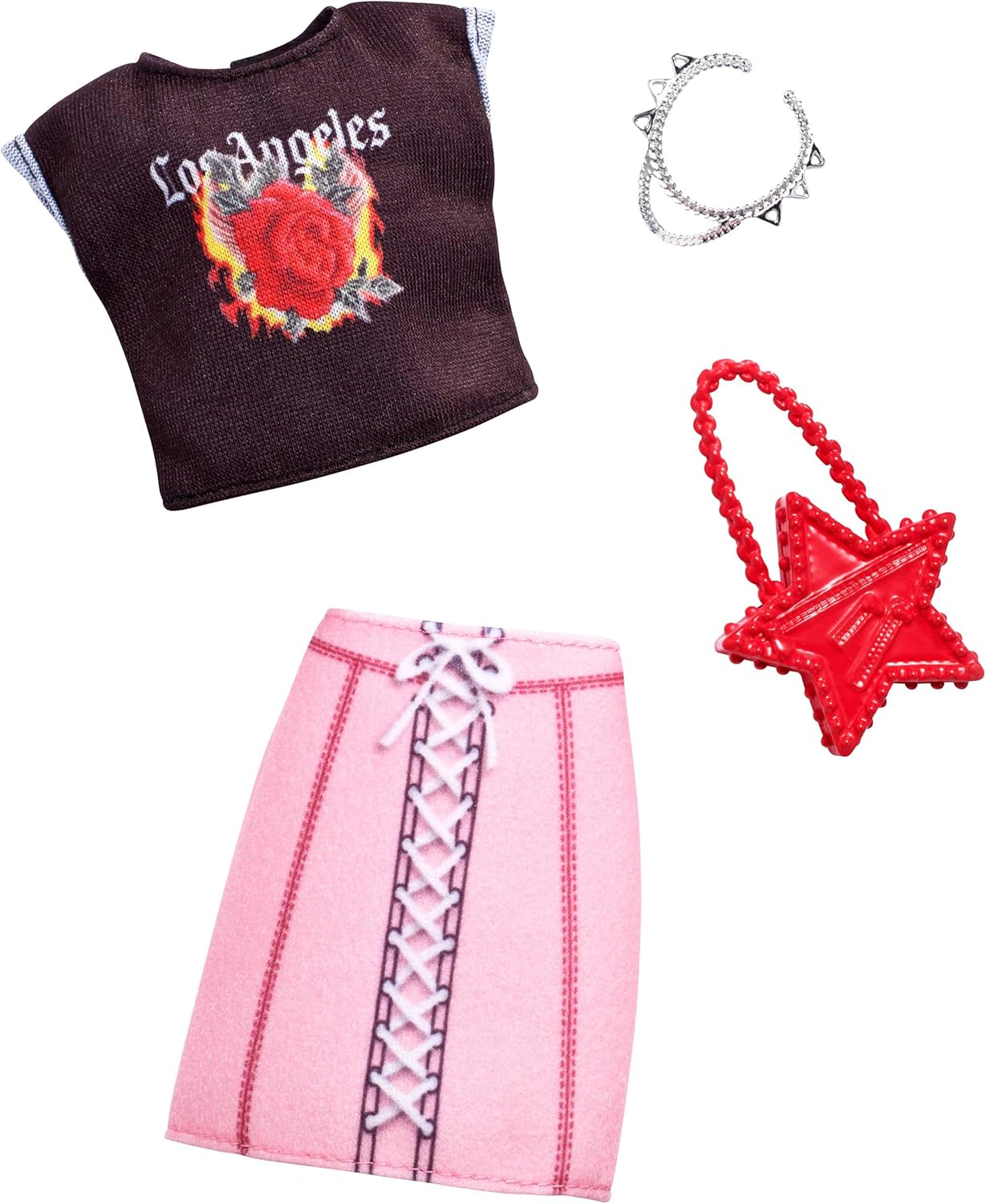 Barbie Complete Looks Doll Clothes, Outfit Dolls with LA T-Shirt, Pink Lace-up Pencil Skirt and 2 Accessories Dolls, Gift for 3 to 7 Year Olds