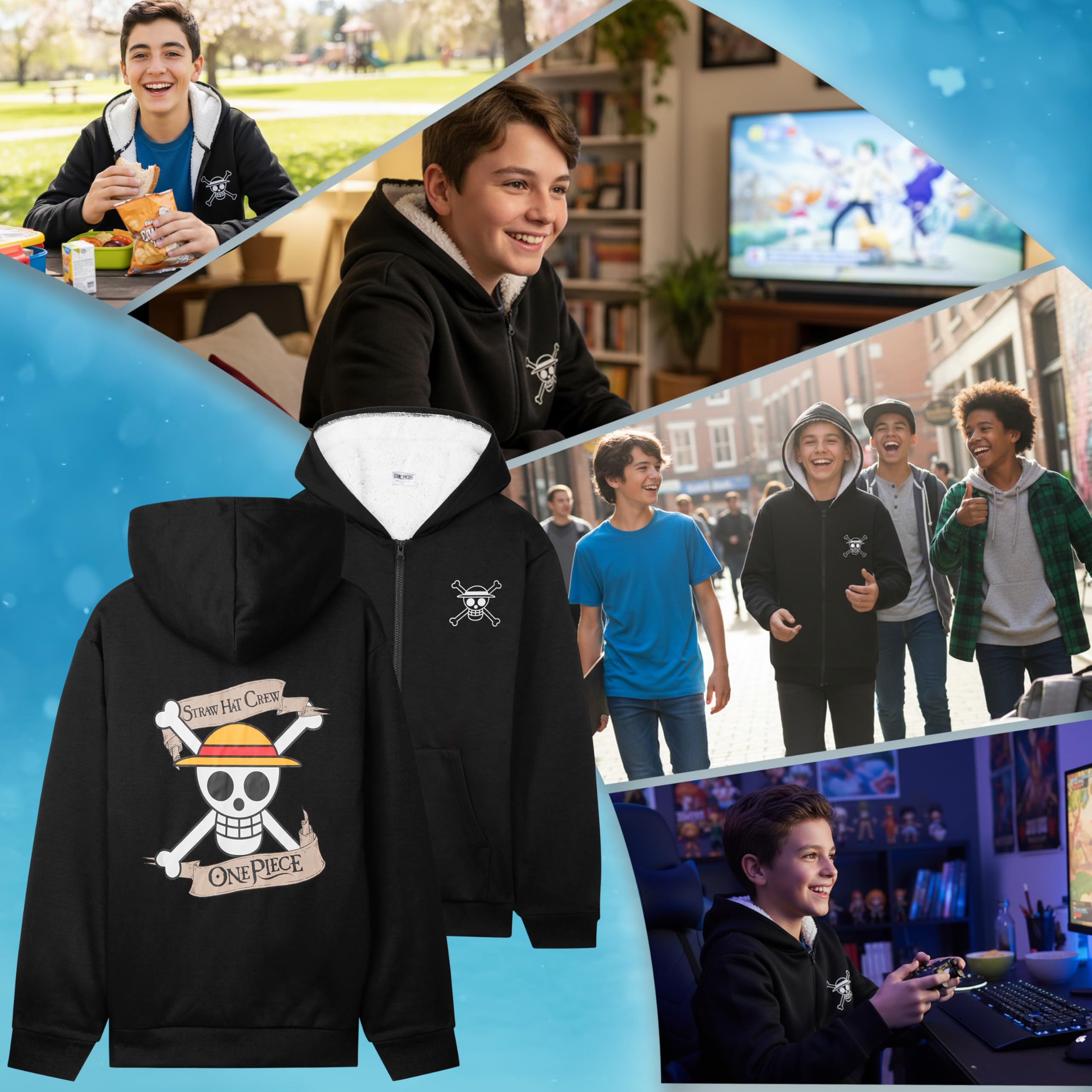 One Piece Sweat à Capuche Enfant et Ado 9-16 Ans, Sweat Zippé Sherpa Polaire Chaud Noir, Hoodie Manga Cosy Cadeau Garçon