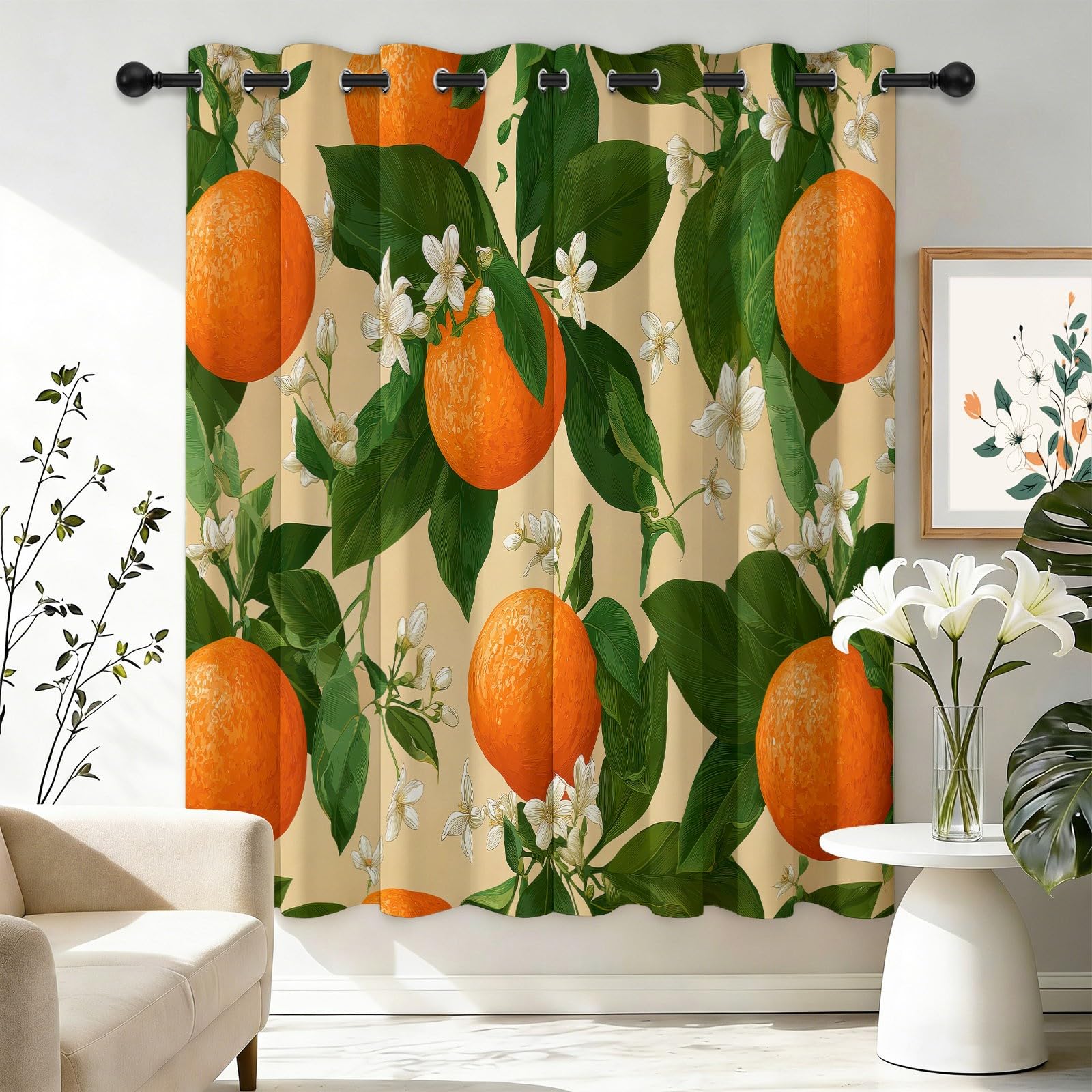 Gardinen Schlaufenschal 2er Set - Orangen Blätter weiße Blüten Küchen Vorhänge, H240×B132 cm Blickdichte Gardinen, Aquarell Verdunklungsvorhänge Kinderzimmer Thermovorhang Gegen Kälte
