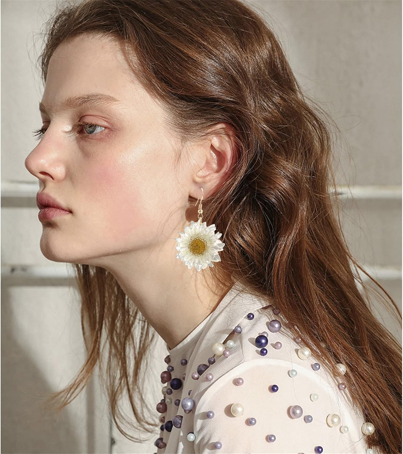 Dainty Handmade Bohemian Multi-Colored Pressed Sunflower Dried Hook Earring Boho Round Circle Resin White Daisy Flower Floral Dangle Drop Earrings for Women Statement Charm Jewelry Gifts - Image 5