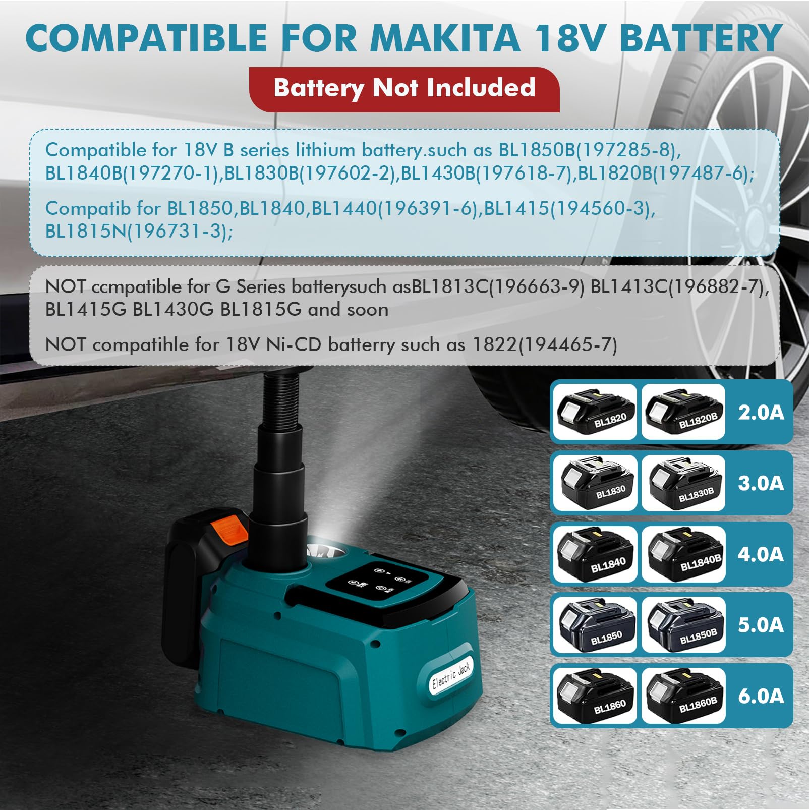 Cric idraulico 5T compatibile con Makita 18 V, 220 W, cric elettrico con pompa gonfiabile e luce LED, 15,5 – 45 cm, sollevatore per auto, SUV, berlina, MPV, cambio pneumatici (on batteria)