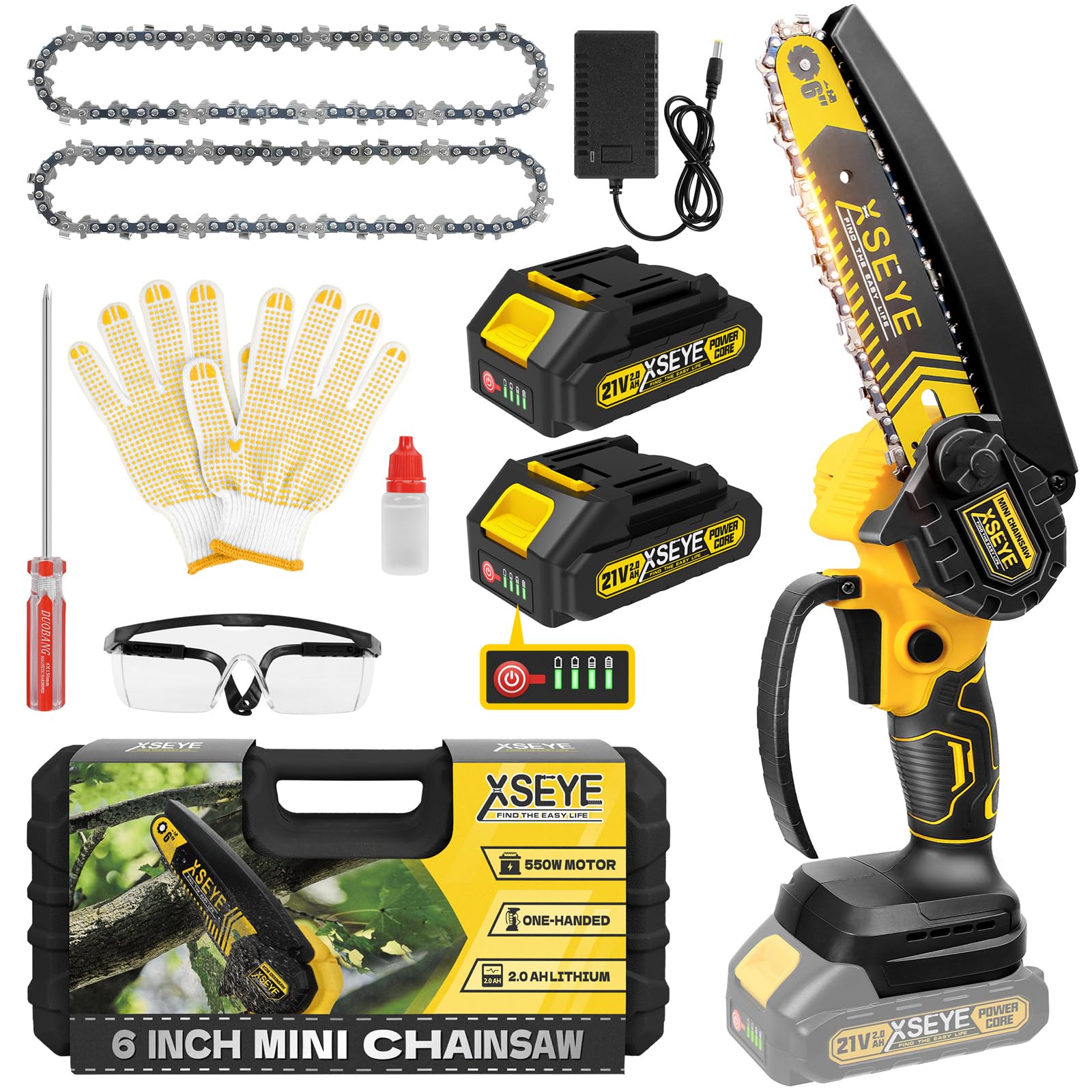 XSEYE 6-Inch Mini Chainsaw Cordless, Handheld Electric Saw with 2 Batteries | 550W motor,…