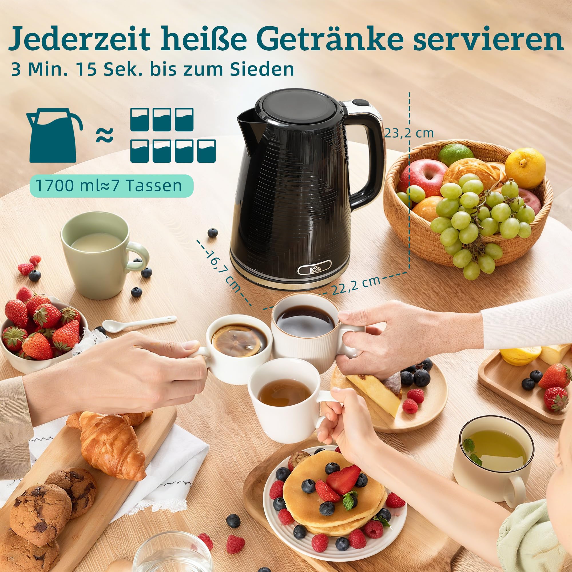 HOMCOM Wasserkocher Toaster Set 1,7L 2200W Edelstahl-Innenraum Otter-Thermostat Kalkfilter Frühstücksset 2 Scheiben Toaster 7 Bräunungsstufen Schwarz