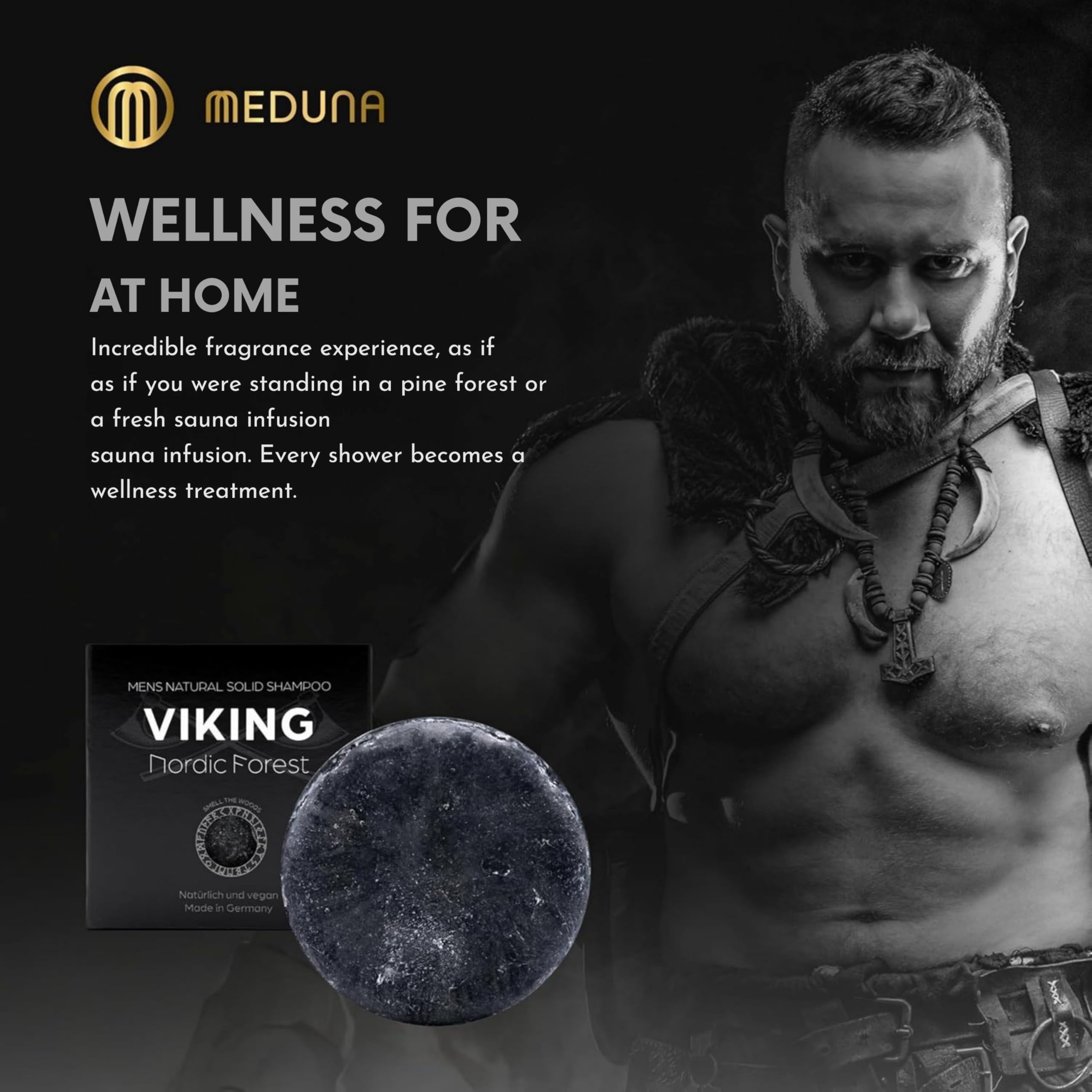 MEDUNA Champú para el cabello Viking Nordic Forest, aroma de árbol de pino, jabón para el cabello con aceite de coco orgánico y manteca de karité, cosmética natural, cuidado del cabello, champú sin
