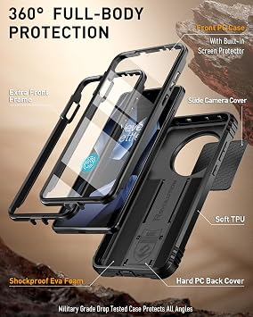 Poetic Revolution Case for OnePlus 13 5G, [Slide Camera Cover],Built-in Screen Protector [Work with Fingerprint ID], [2 Front Frame] Full Body Rugged Shockproof Protective Case with Kickstand, Black
