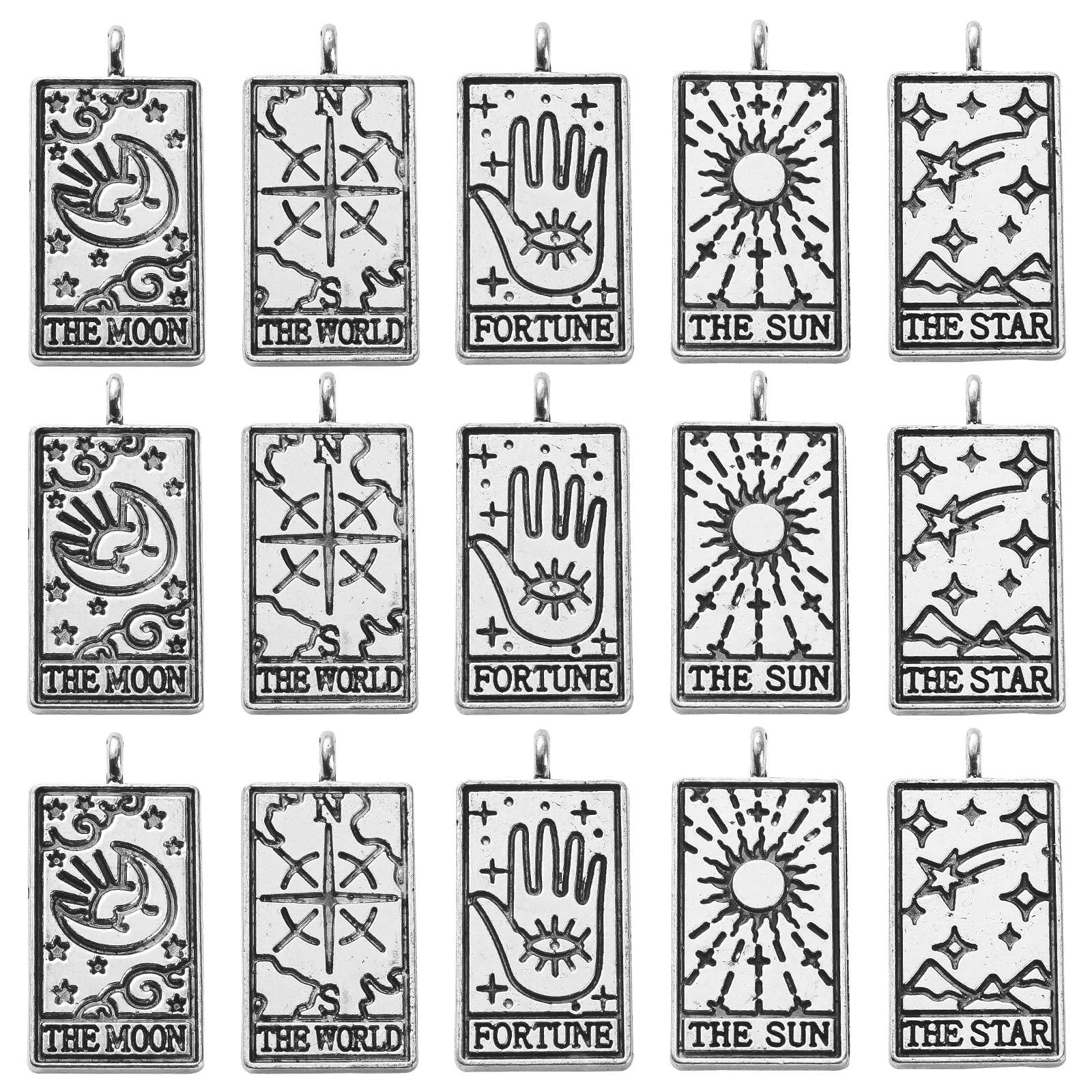 Stiesy 50Pcs 5 Styles Antique Silver Tarot Charms Tibetan Style Sun Moon Tarot Card Charm Vintage Magic Divination Card Jewelry Pendant Bulk for Bracelet Jewellery Making DIY Crafts Necklace