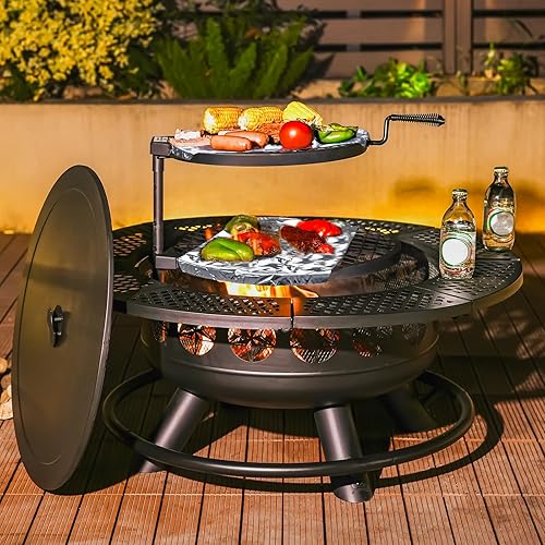 Miniatura 2 de Fogata de 36 pulgadas con 2 parrillas de cocción, hoguera de leña al aire libre con tapa, hoguera 3 en 1 al aire libre para patio trasero, terraza,