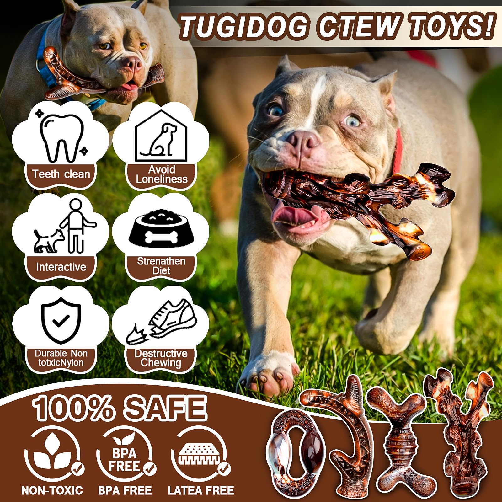 Tough Dog Masticar Juguetes para masticadores agresivos, paquete de 4, juguetes masticables indestructibles con sabor a tocino para perros medianos/medianos, juguetes masticables de hueso de