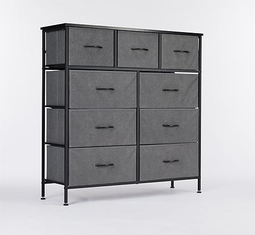 Vista 22 de DUMOS Cómoda para dormitorio, 4 cajones de almacenamiento, organizador de cofres altos de tela con marco de metal superior de madera para ropa