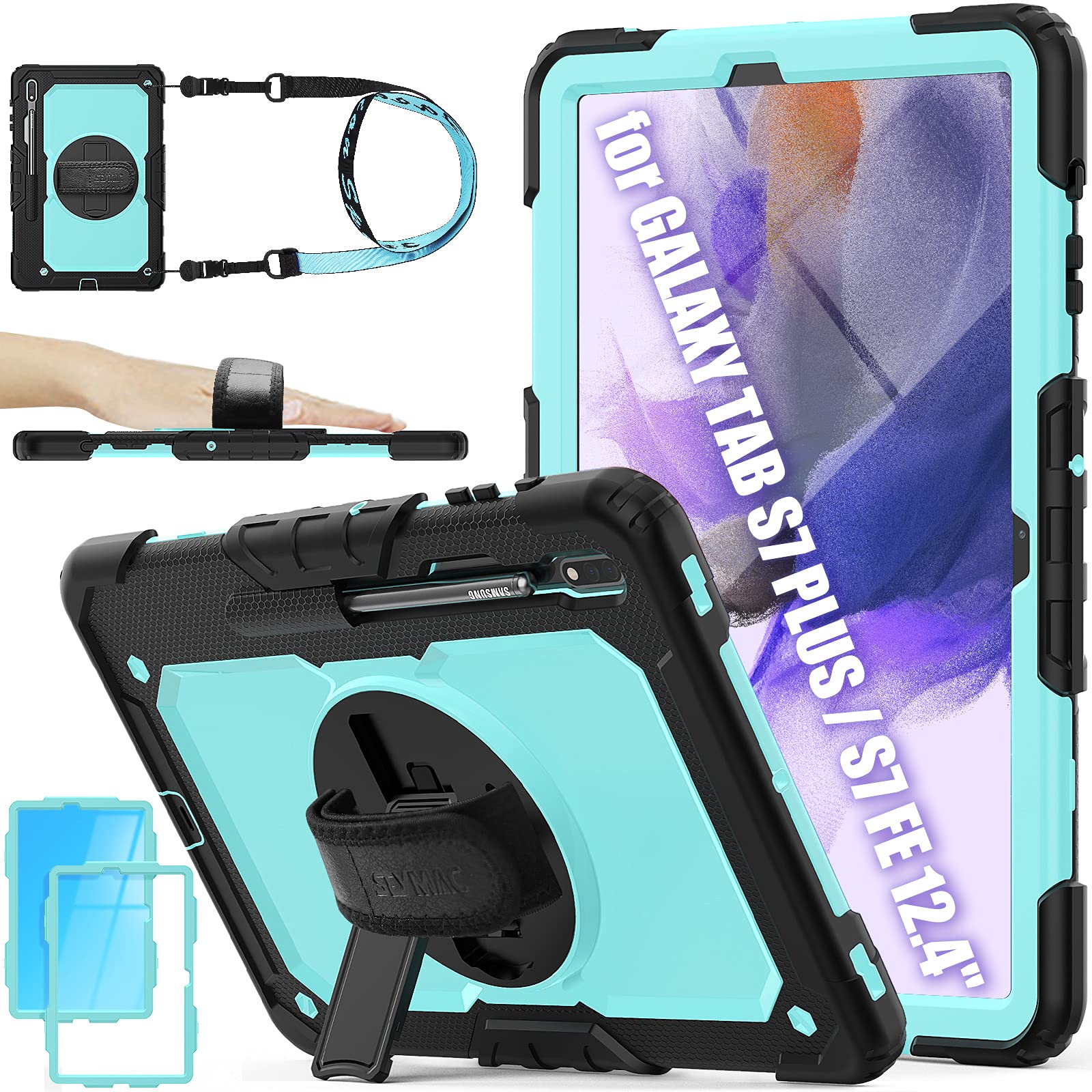SEYMAC stockCase for Samsung Galaxy Tab S7 FE / S8 Plus 5G Case 12.4'' with Screen Protector Pencil Holder [360 Rotating Hand Strap] &Stand, Drop-Proof, SkyBlue/Black