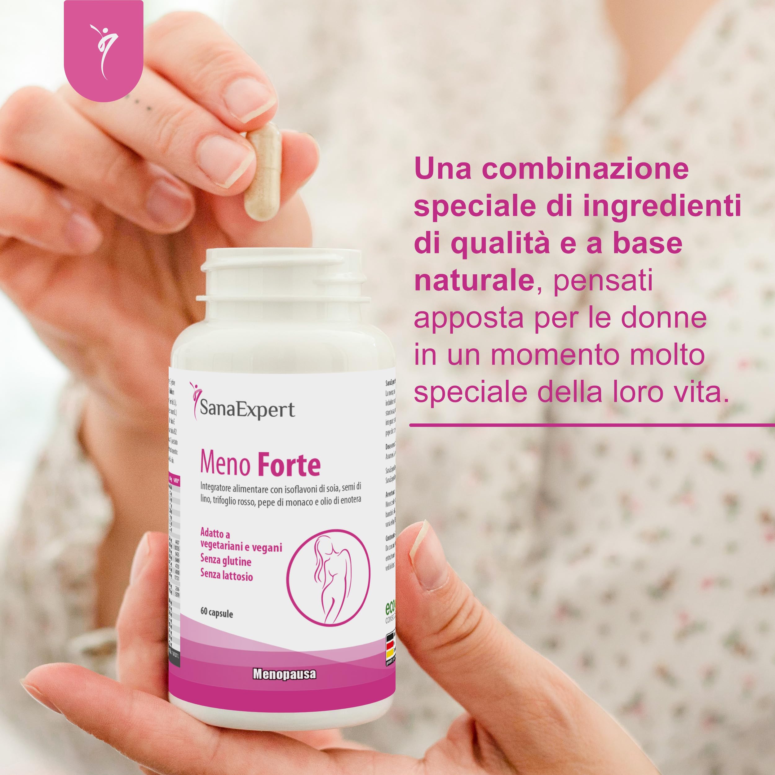 SanaExpert Meno Forte - Integratore Naturale per Alleviare i Sintomi della Menopausa - Con Isoflavoni di Soia, Calcio, Selenio e Vitamine - 60 Capsule - Prodotto in Germania