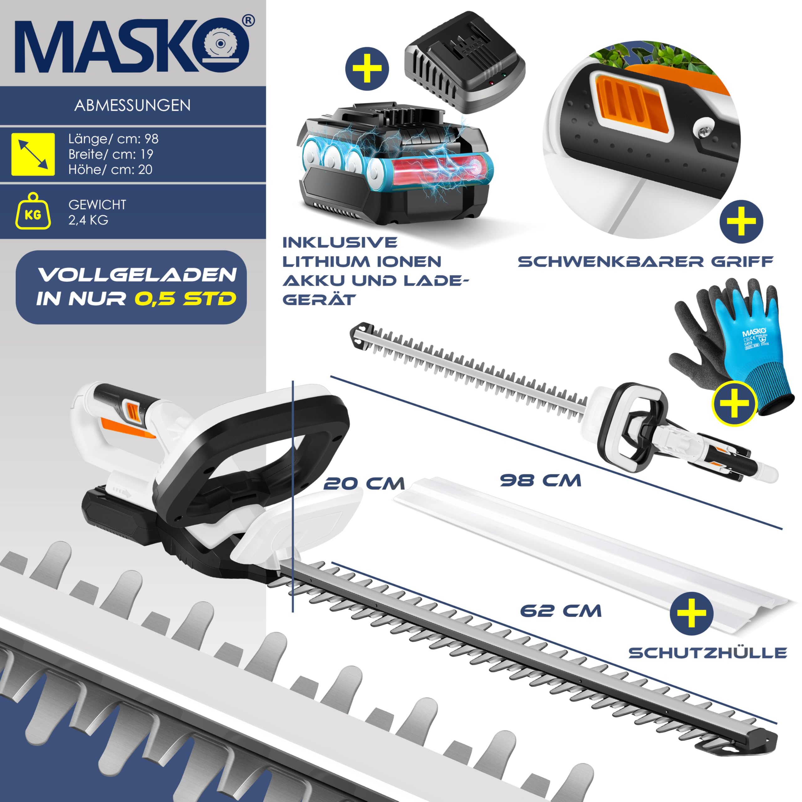 MASKO® Akku Heckenschere Profi Hecken & Strauchschere 57cm Schnittlänge Inkl. Handschuhe, Schutzhülle & 21V Akku 2,0 Ah mit Ladegerät, 27mm Zahnabstand Dual Schnittklingen Verstellbarer Griff Weiß