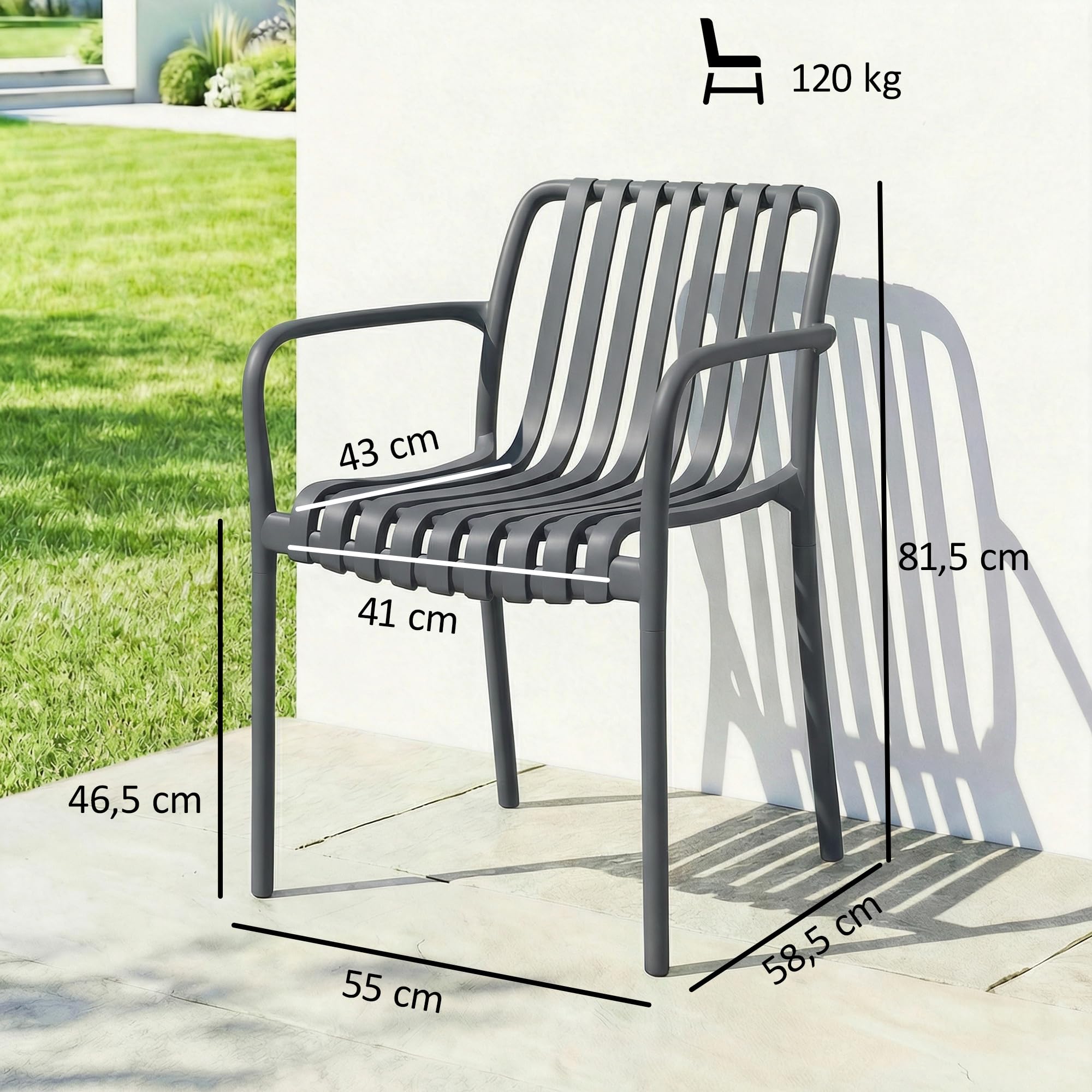 Outsunny Gartenstühle 4er Set Stapelbare Terrassenstühle mit Lamelldesign Armlehnen, Ergonomisch Balkonstühle bis 120 kg Stapelstühle für Garten, Balkon, Terrasse 55 x 58,5 x 81,5 cm Dunkelgrau