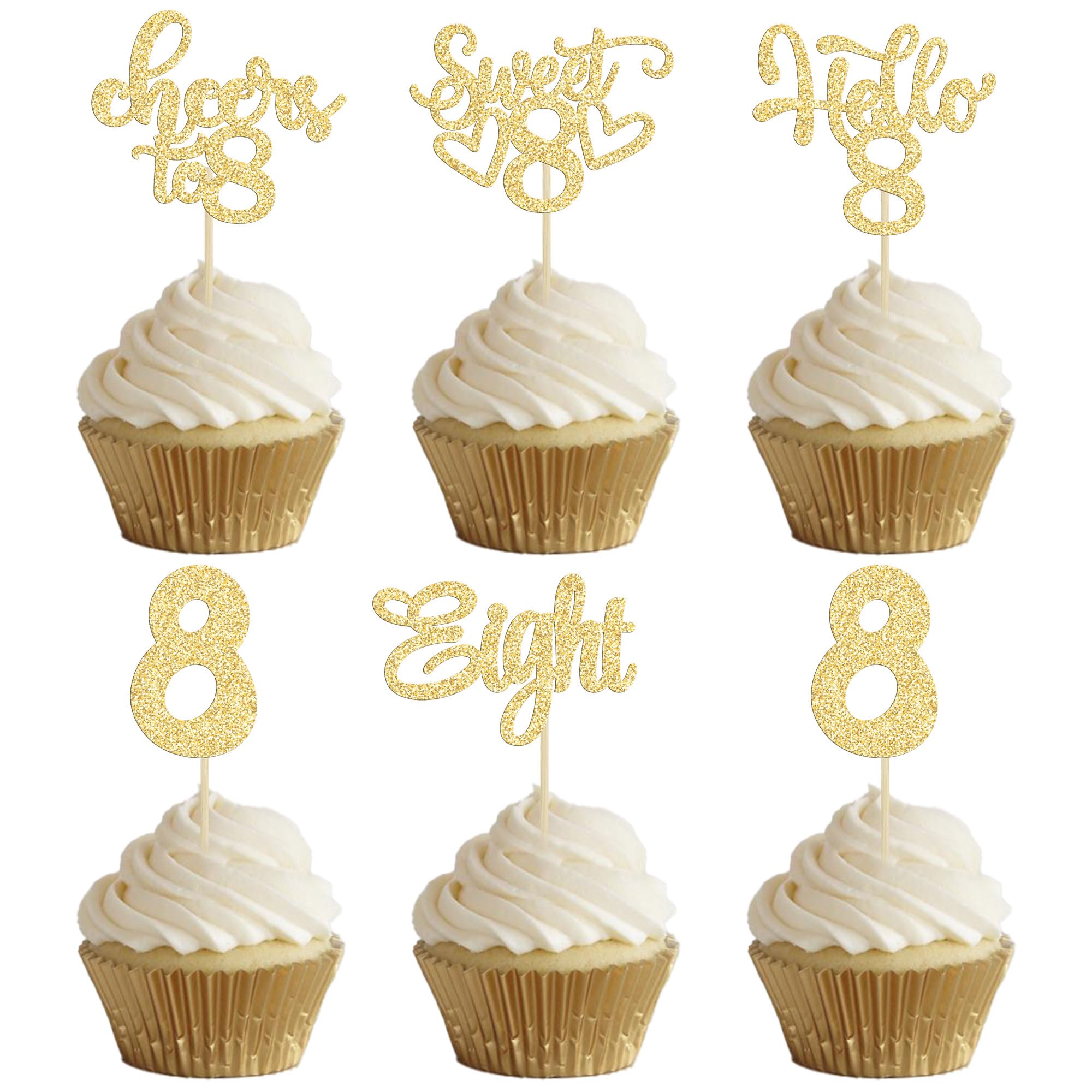 30Pcs 8th Birthday Cupcake Toppers Glitter Eight Hello 8 Cupcake Picks Cheers to 8 Years Old Cake Decorations for 8th Birthday Party Supplies Gold